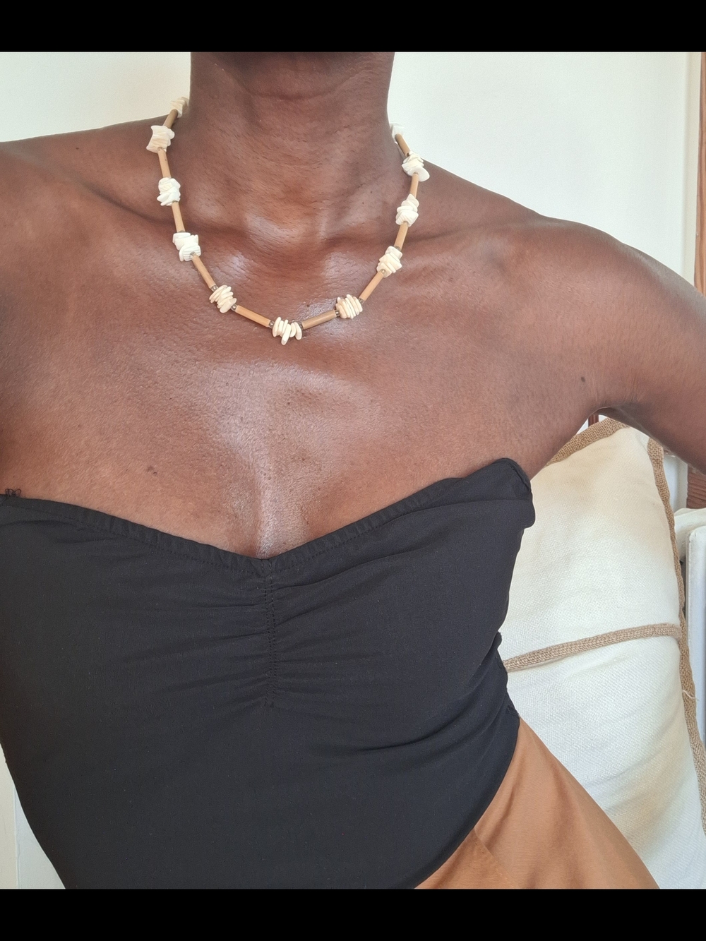 Shell Bead Strand Necklace in White and Tan